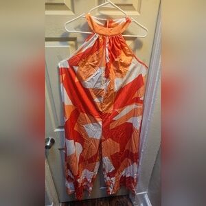 SHEIN Red and Orange Halter Jumpsuit w/ Geometric Design
